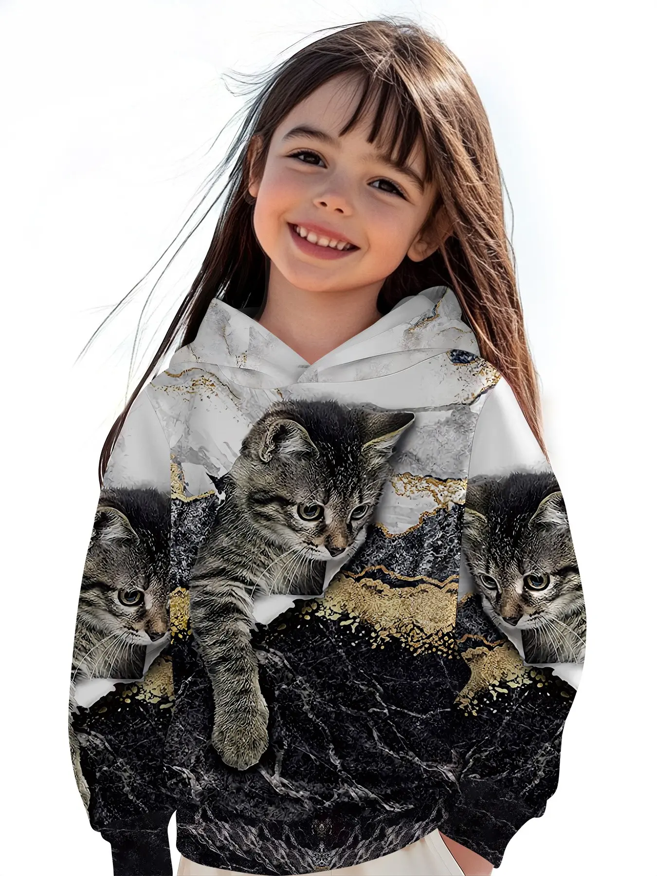 Girls' Printed Hooded Sweatshirt, Cute Loose-Fitting Hoodie for All Seasons, Daily Wear School, Versatile Kids' Clothing
