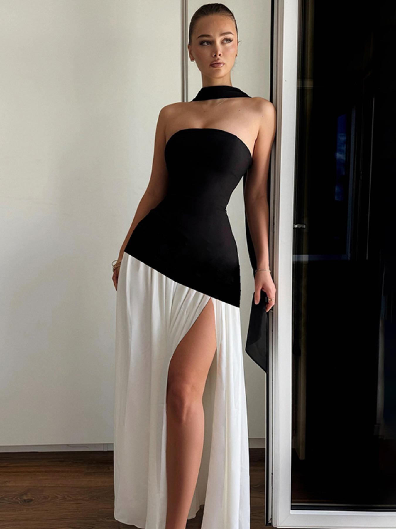 Women's Plain Split Thigh Tube Dress with Scarf, Elegant Strapless Dress for Party Club Beach Vacation, Ladies Clothes for All Seasons
