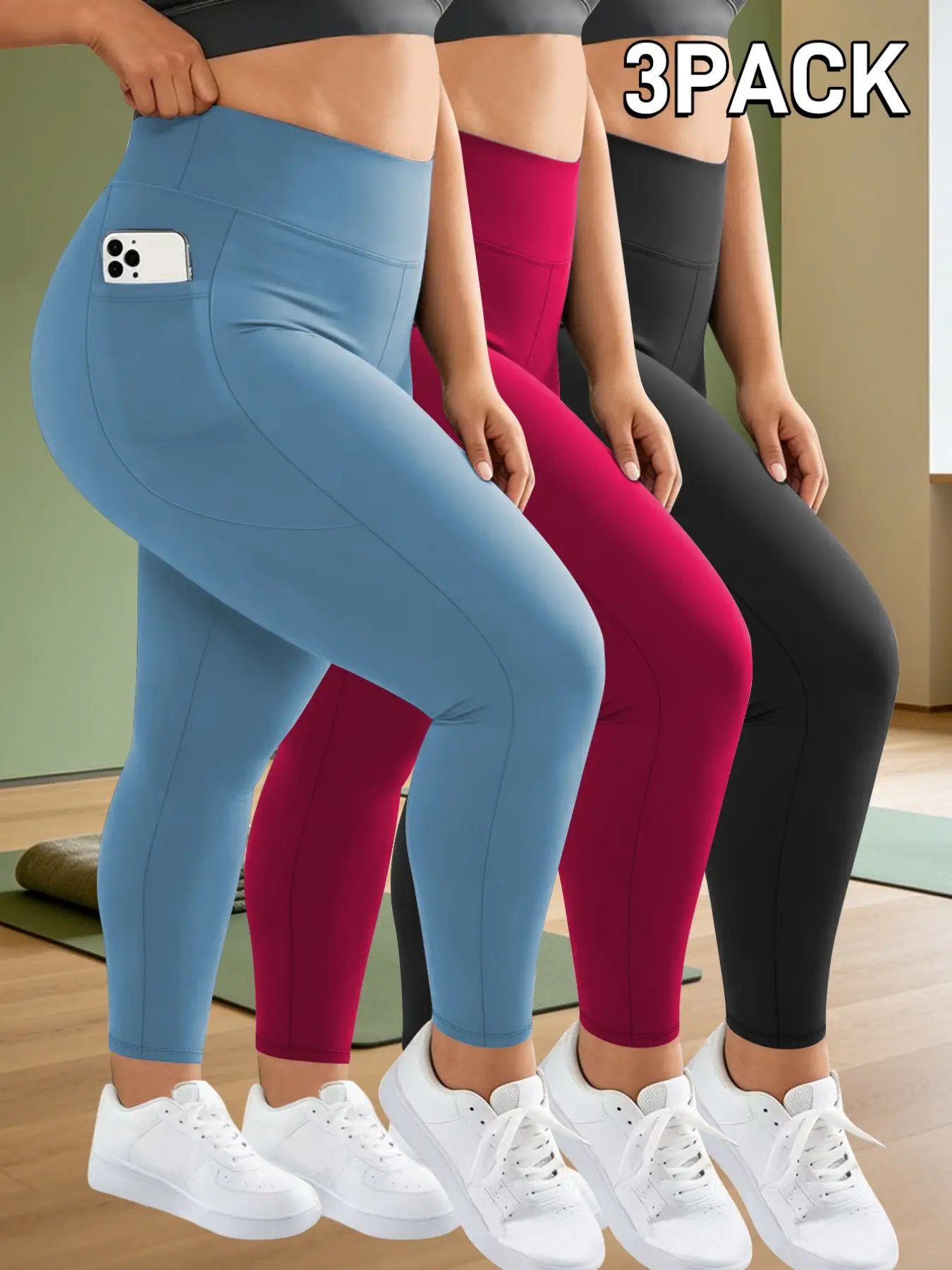 Three-Pack Plus Size Women's Yoga Pants, High Waist Stretchy Tight Fit, Side Pockets for Phone, Soft Elastic, Casual Workout Bottoms, Activewear Bottoms, Active Leggings, High Waisted Leggings