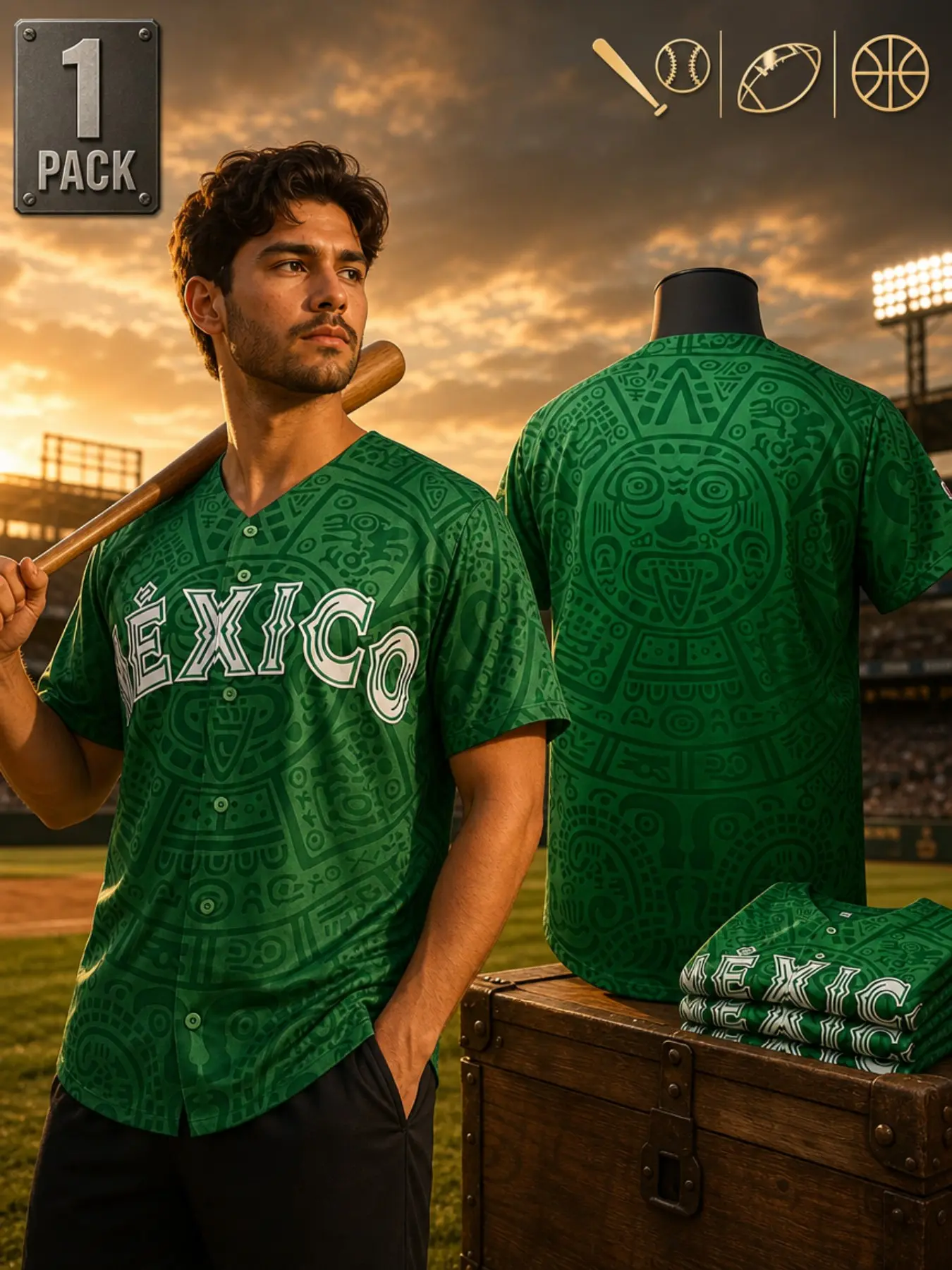 Mexico Men's Letter & Figure Patched Button Short Sleeve Sports Jersey, Loose Breathable Soft Comfort V Neck Top for Baseball, Outdoor Clothing for Soccer Team Birthday Gifts party shirt, Fashion Jersey Shirts