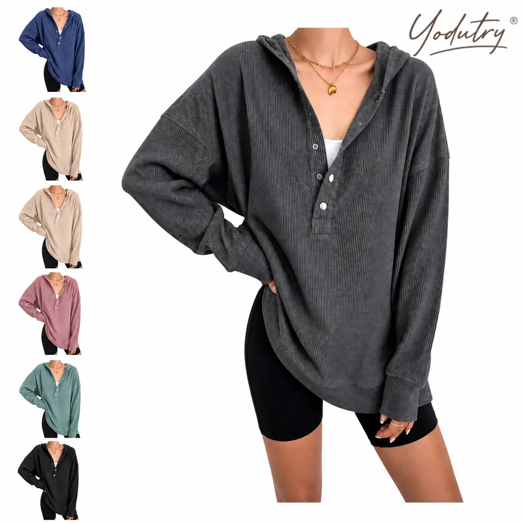 Yodutry Casual Drop Shoulder Hooded Sweatshirt for Women, Elegant Button-Down Henley Pullover, Relaxed Fit Side Slit Textured Loungewear Top