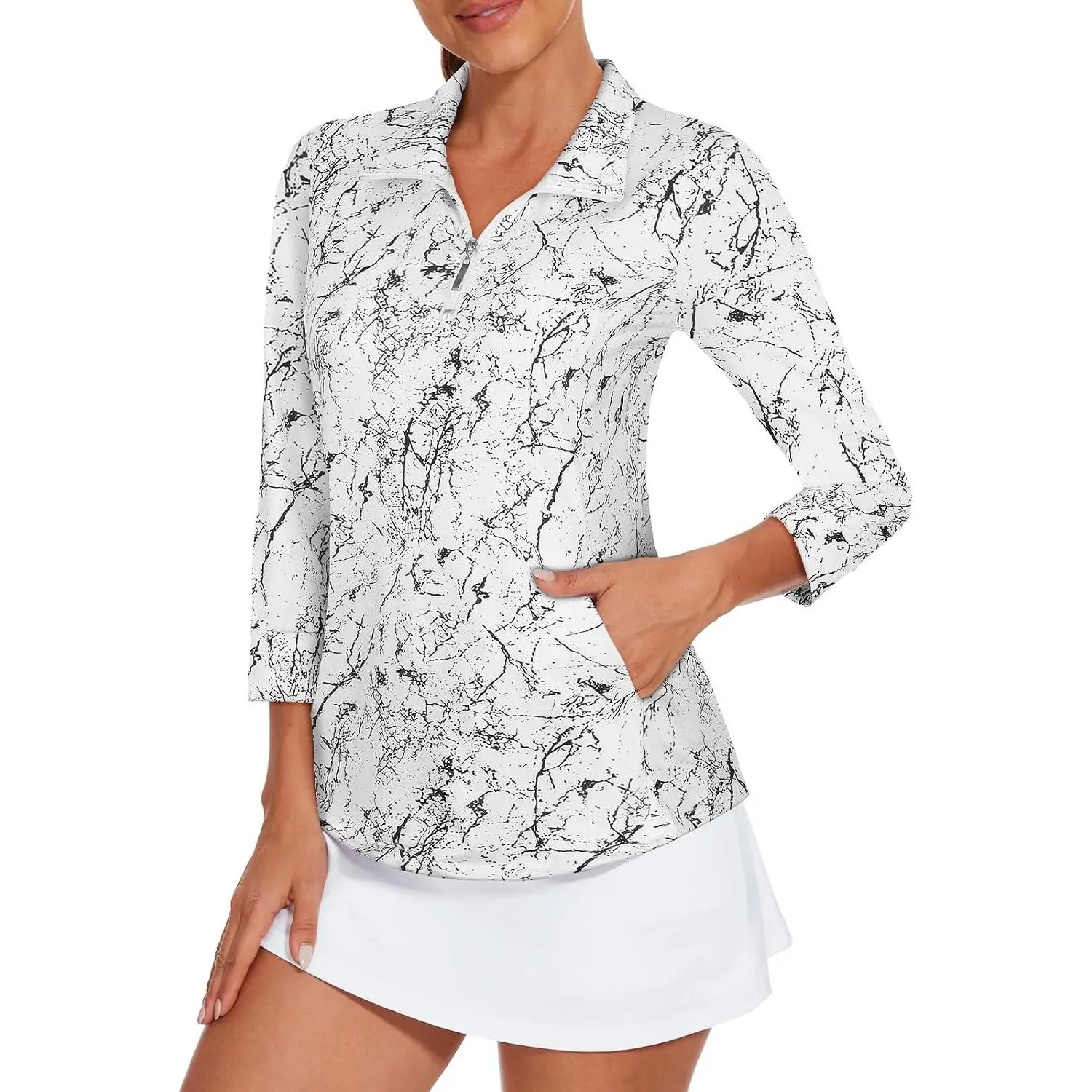 3/4 Sleeve Womens Golf Shirts Quick Dry Quarter Zip Workout Tennis Polo Tops with Pocket