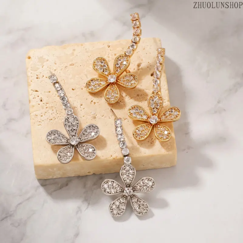 Pave Stone Flower Ear Climber Earrings, Sparkle Floral Crawler Earrings for Party & Dating