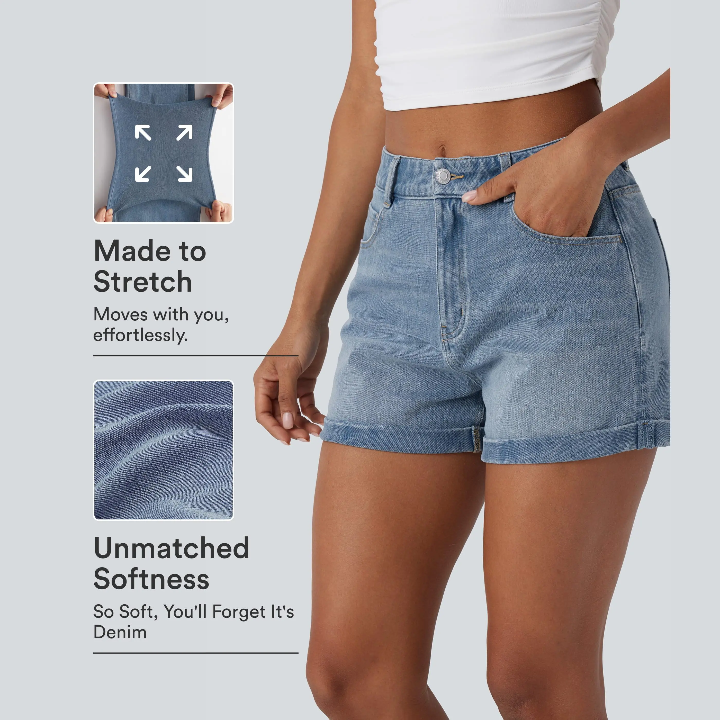 Halara Flex Mid Rise Zipper Pockets Denim Casual Shorts 3''