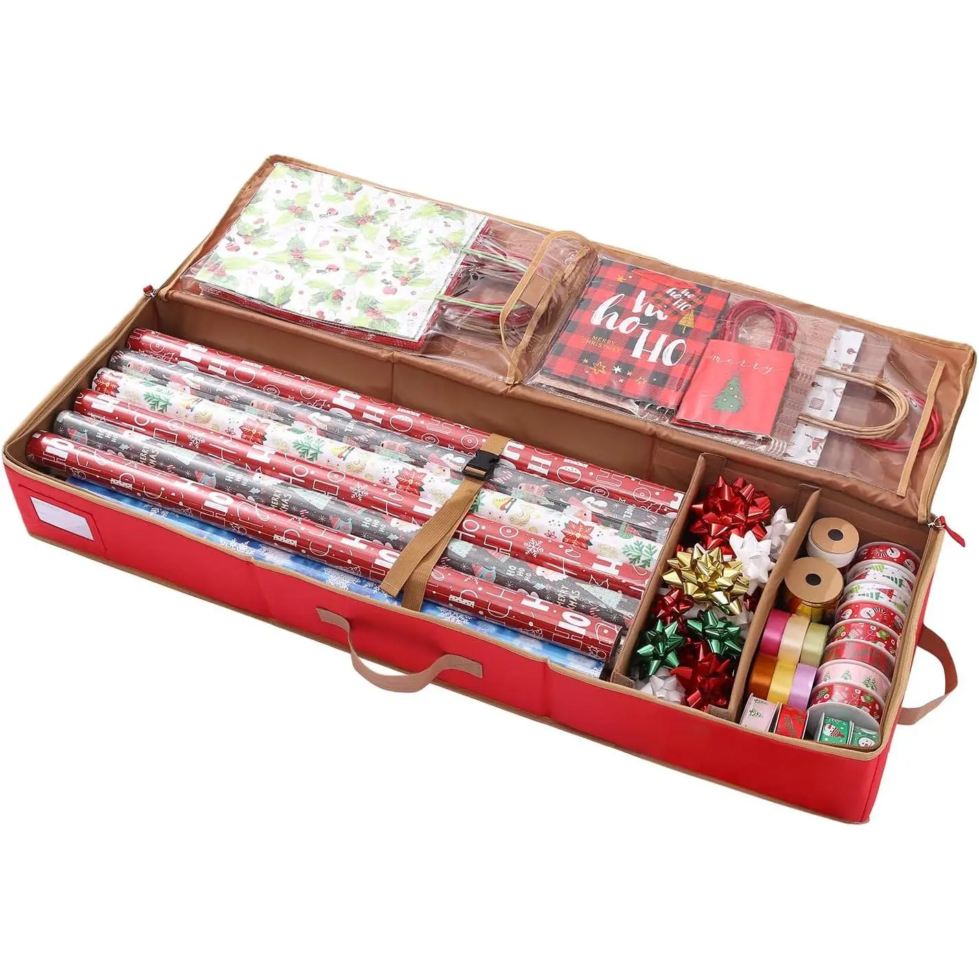 Wrapping Paper Storage containers,600D Oxford Fabric Christmas Ribbon  Bag Bows Storage Box,Holds up to 20 Rolls,42"W x 14"D x 5.5"H (Red)