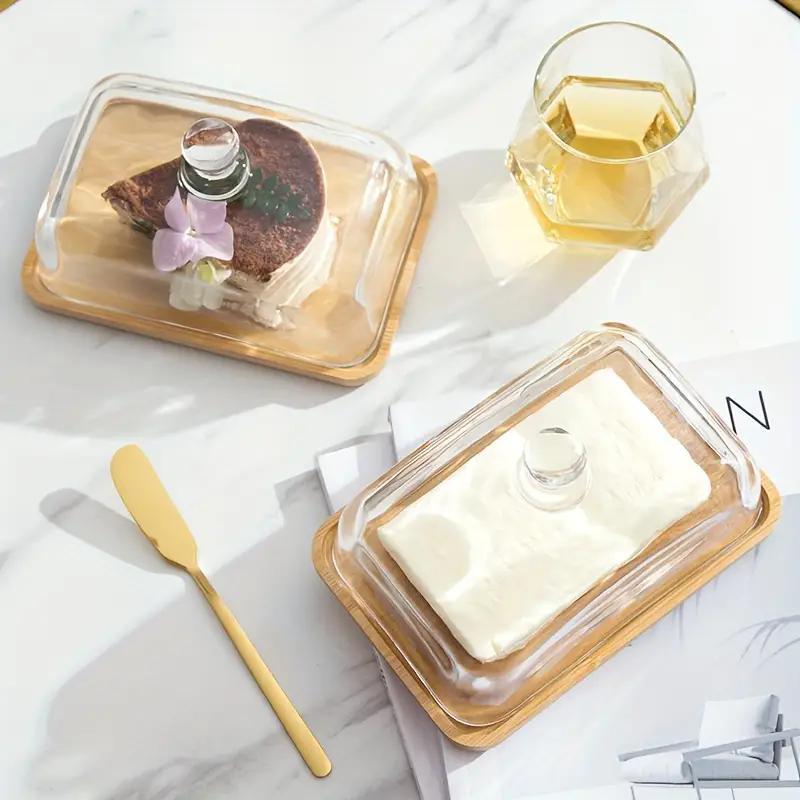 Glass Butter Dish with Lid, 1 Count Dustproof Food Storage Container with Bamboo Base, Food Preserving Container for Home Kitchen Restaurant