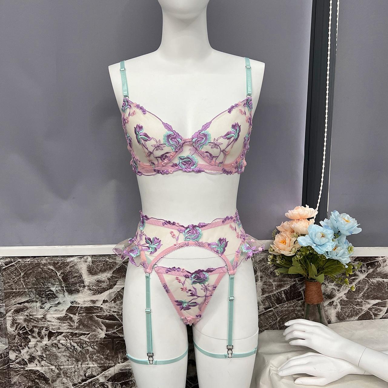 Sexy  Garter   3PCS – Embroidery Wireless Floral Sheer Lace Lingerie Set