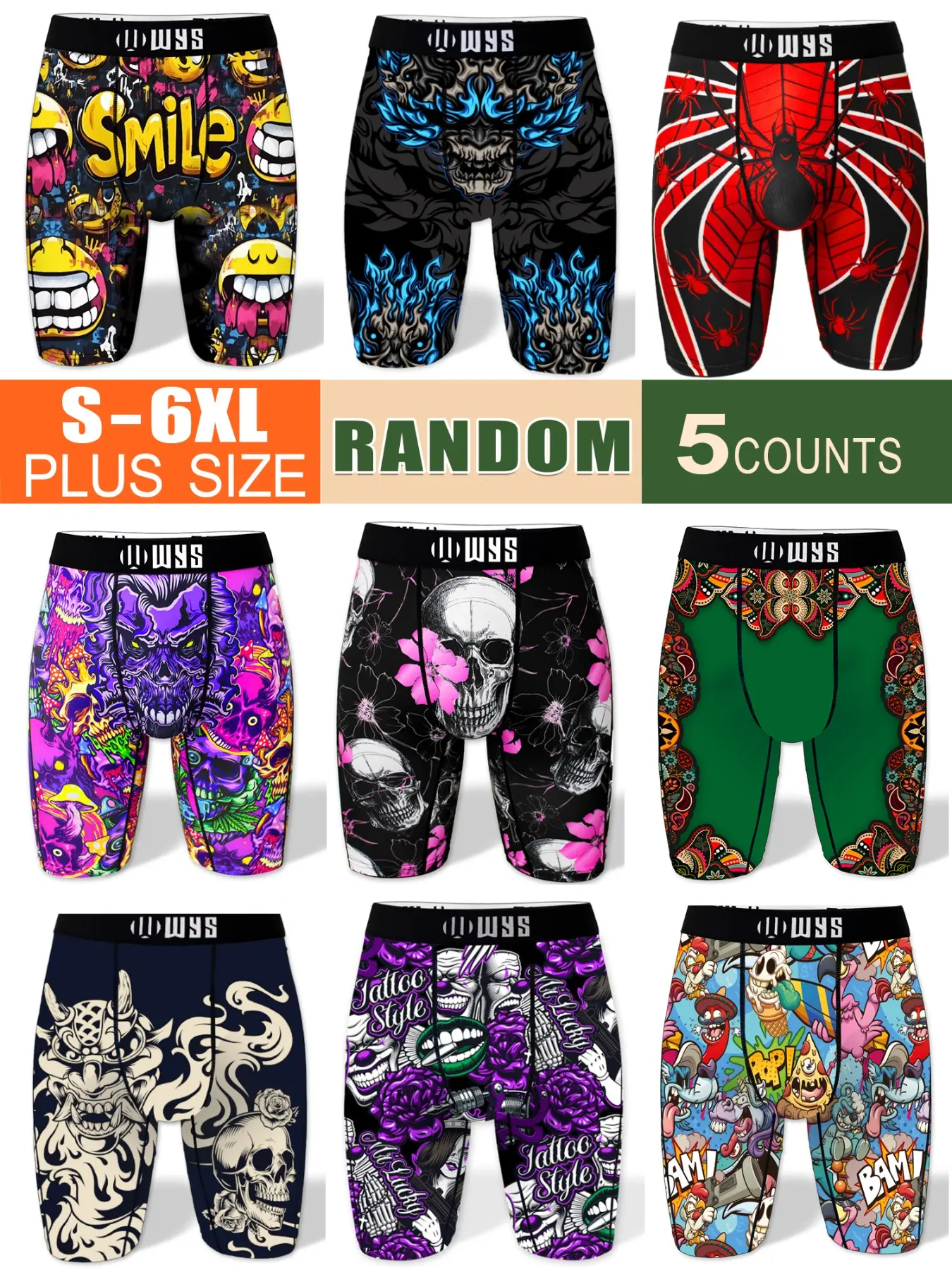RANDOM-5PCS，Men's Long Brief Underwear Set, 5 Pcs Multi-Color, Halloween Prints, Moisture-Wicking, Anti-Chafing, Breathable, Comfortable, S-6xl