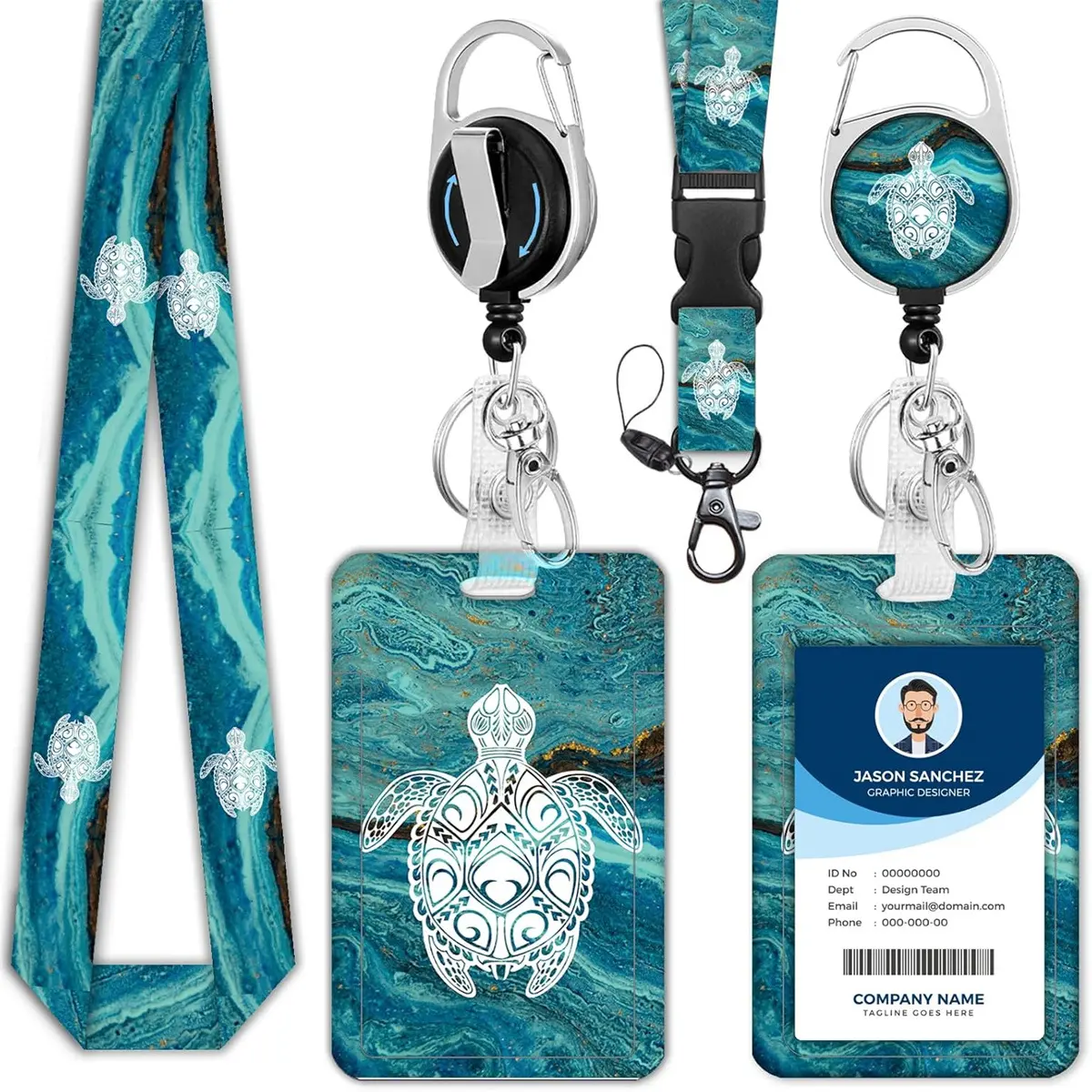 Turtle Pattern ID Badge Holder Set, Lanyards with ID Holder, 1 Set Including Personalized Lanyard & Retractable Badge Reel & Keychain, Badge Reels Retractable, Identification Badges & Supplies for School & Office