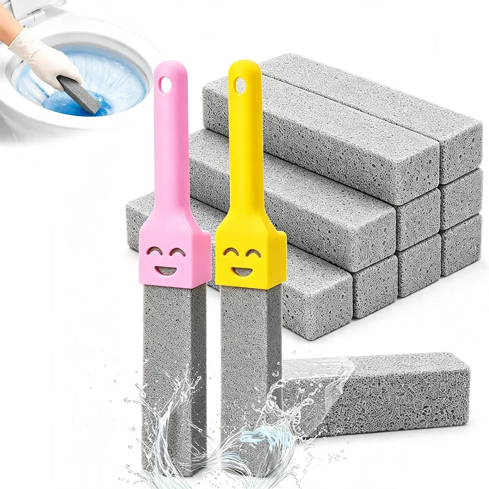 12 Pack High-Density Volcanic Rock Pumice Stones with Extra-Long Handle, Toilet Bowl Ring & Limescale Stain Remover for Toilet, Tile, Bathtub (Bathroom Cleaning Tool), High-Density Grit