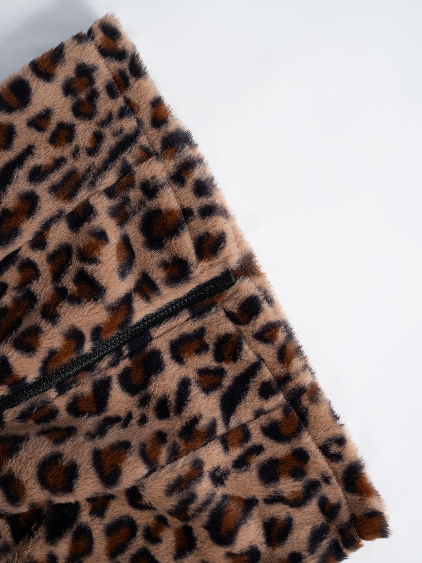 Women's Leopard Print Zip Up Crop Vest Jacket, Casual Sleeveless Stand Collar Soft Plush Outerwear for Fall & Winter, Ladies Clothes for Daily Wear