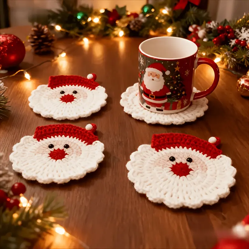 2Pcs Handmade Crochet Santa Coasters - Christmas Wreath Irregular Shape, Heat Insulated Anti-Scald Fabric Mats, Holiday Table Decor, Unique Xmas Gift for Family Party Potluck, Durable Hot Pad for Bowls Pots Teacups Casseroles