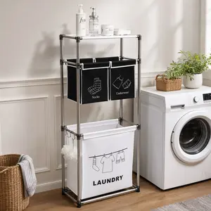 ARCH 3 Tier Laundry Hamper Sorter with 4 Removable Bags, 100L Capacity, Rolling Wheels, Metal Hooks, Black White Fabric, for Bedroom Bathroom Closet Organization, Laundry Basket Divider with Shelves, Black White Color Options, Fabric Material