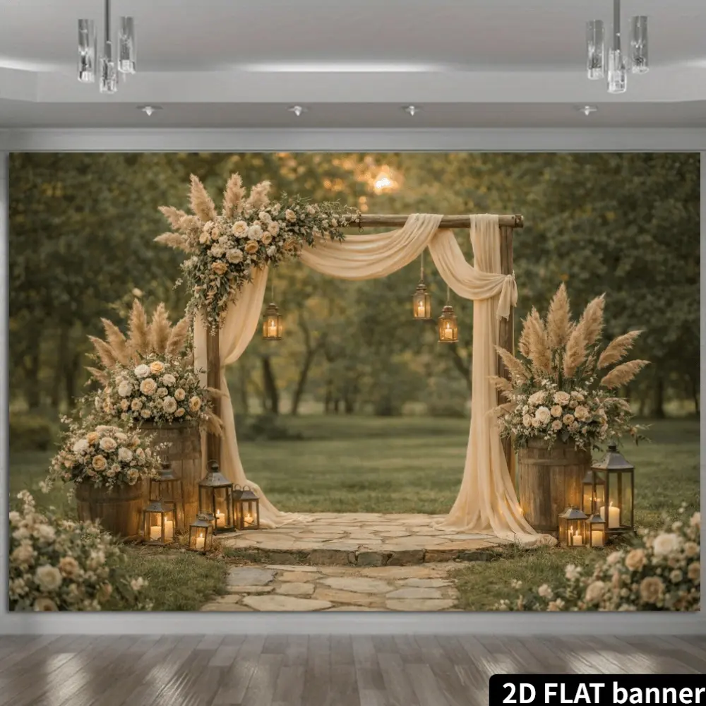 2D flat stone path wooden barrel wedding backdrop fabric, featuring a vintage wooden arch paired with a milky apricot-colored tulle curtain and warm-toned floral arrangements, adorned with vintage lanterns, complemented by wooden barrels, pampas grass, an