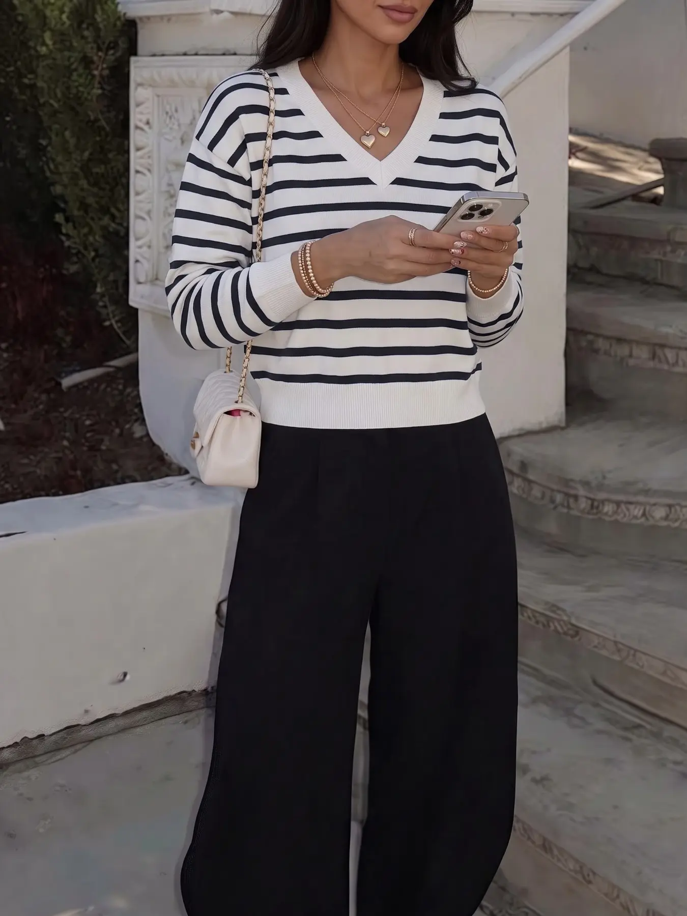 Spring & Fall Striped Sweatshirt, Long Sleeve Loose Fit, V Neck, Ribbed Hem, Casual Preppy Style, Comfortable Pullover