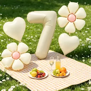 32inch Cream White Number Balloon 7 Digital Balloon with 18inch Daisy Balloons and heart balloons with white ribbon total 6pcs for 7th birthday anniversary wedding bridal shower graduation party decorations