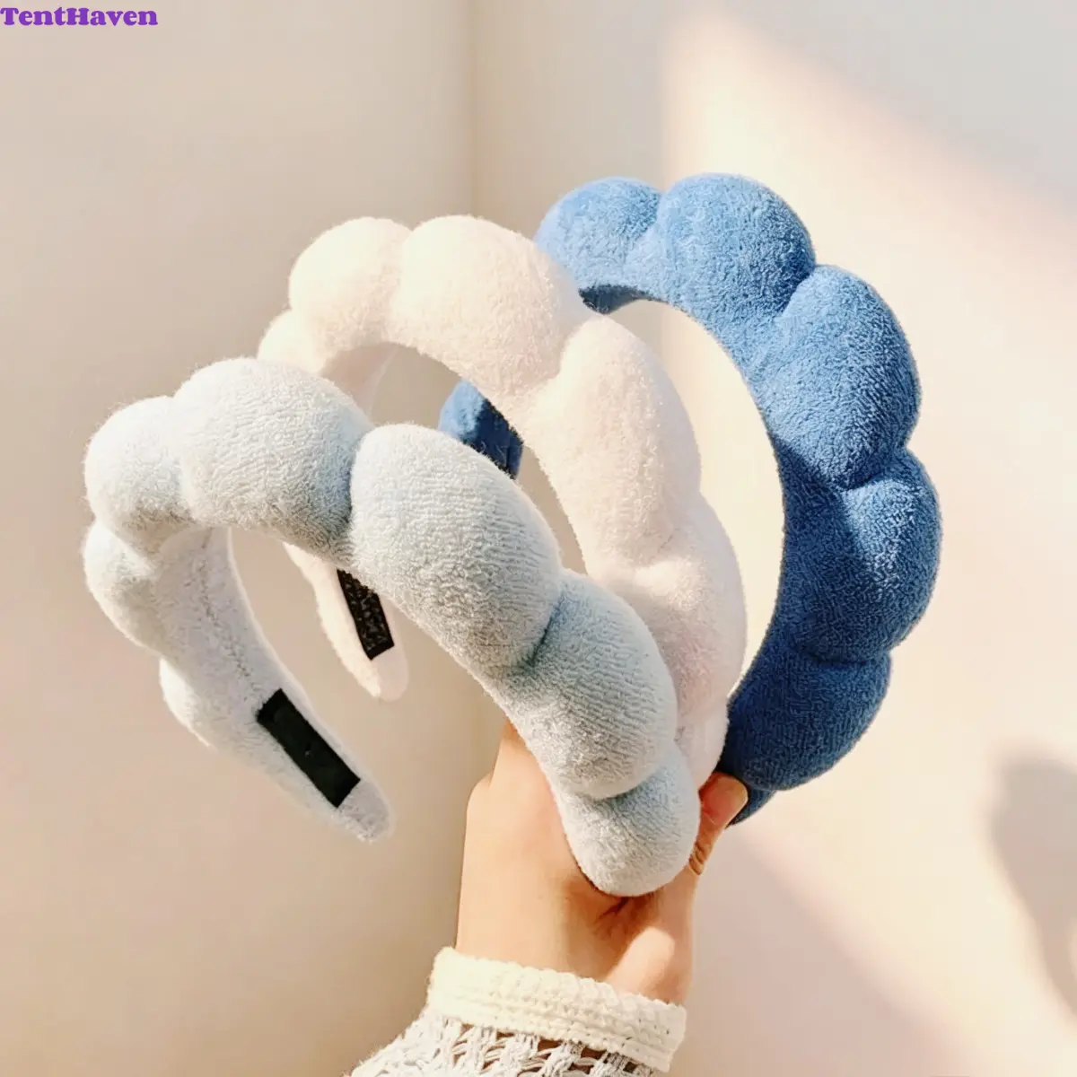 Women's 3-Pack Fluffy Cloud-Shaped Headbands - Soft Cotton Terry Cloth Mix, Non-Slip, Cute Skincare Makeup Accessory, Cozy Versatile Indoor Leisure Headwear for Autumn Winter Daily Wear