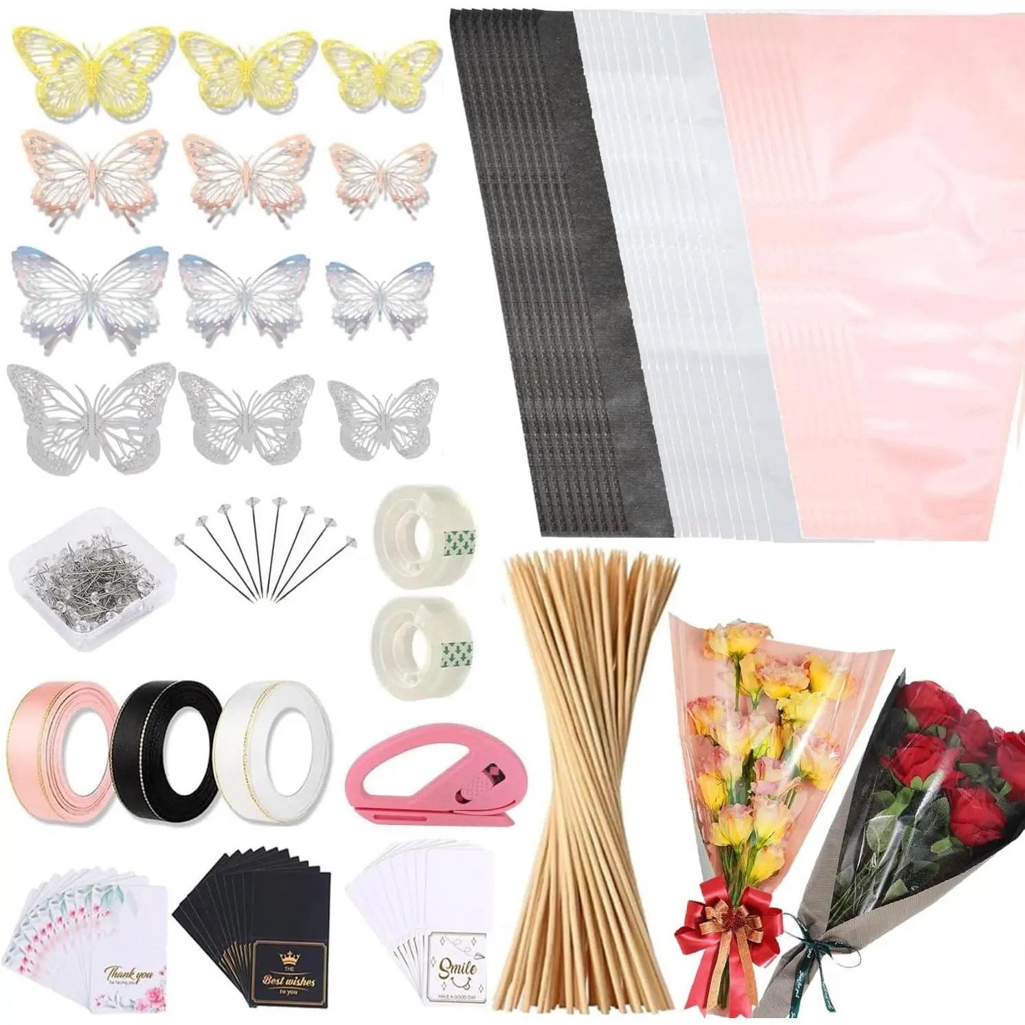 Floral Wrapping Paper Kit, 80Sheet  Floral Paper, 3Rolls Ribbon for Flower Bouquet, 2Rolls Transparent Tape,100Pcs Flower Pins, 48 count  Butterflies, 9 count Crowns (Flower-5)