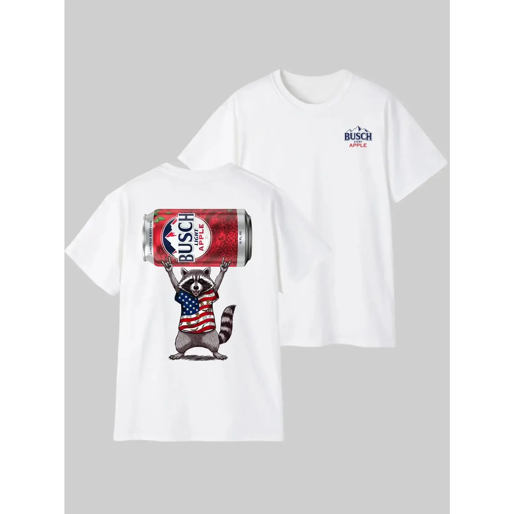 Busch Apple Raccoon T-Shirt, Funny Rocking Raccoon with Beer Can Graphic Tee, Patriotic American Flag Shirt, Unique Summer Party Apparel, Gift for Beer and Raccoon Lovers cotton tee