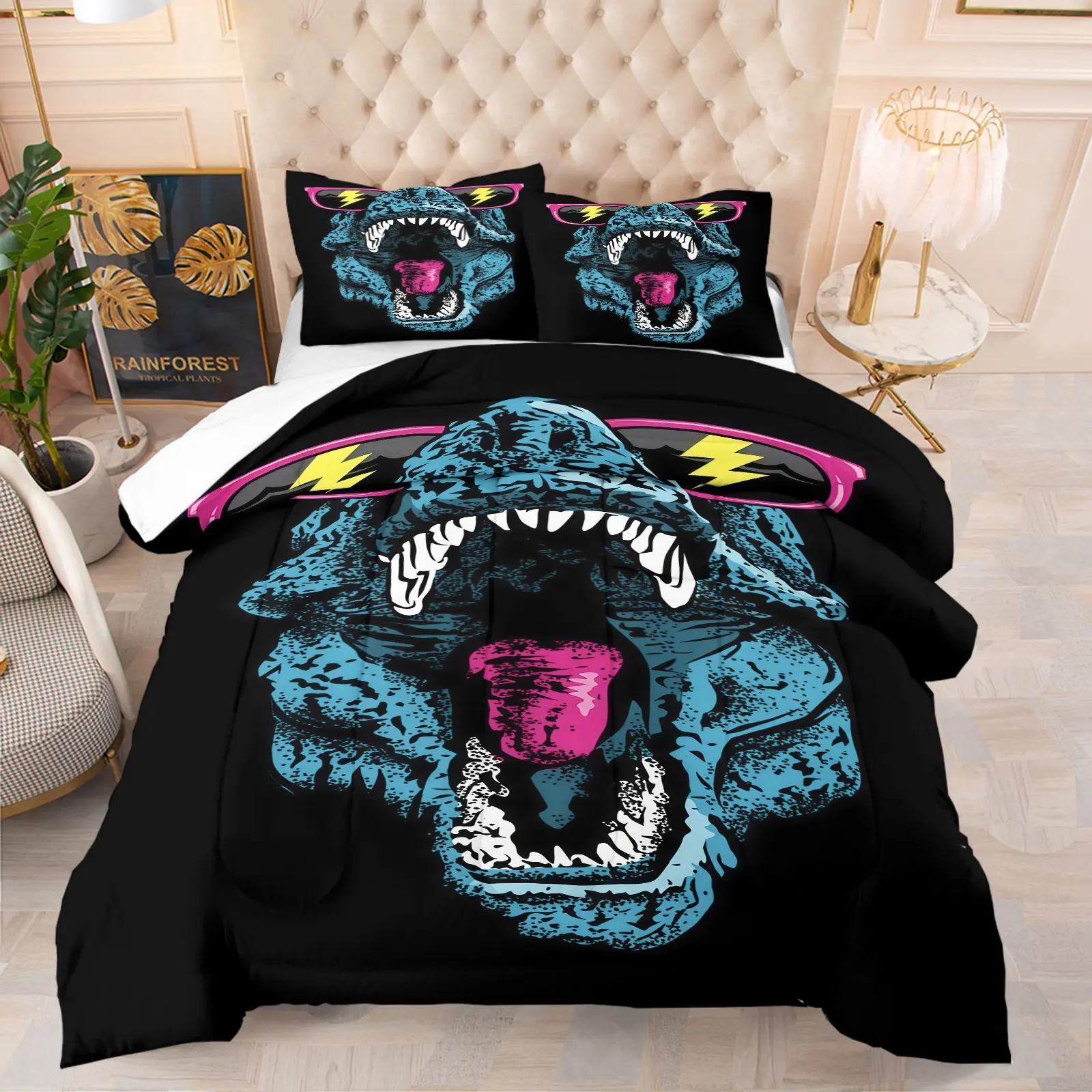 Dinosaur print pattern set, including 1 blanket and 1 or 2 pillowcases without pillowcases, soft children's or adult bedroom decoration gift