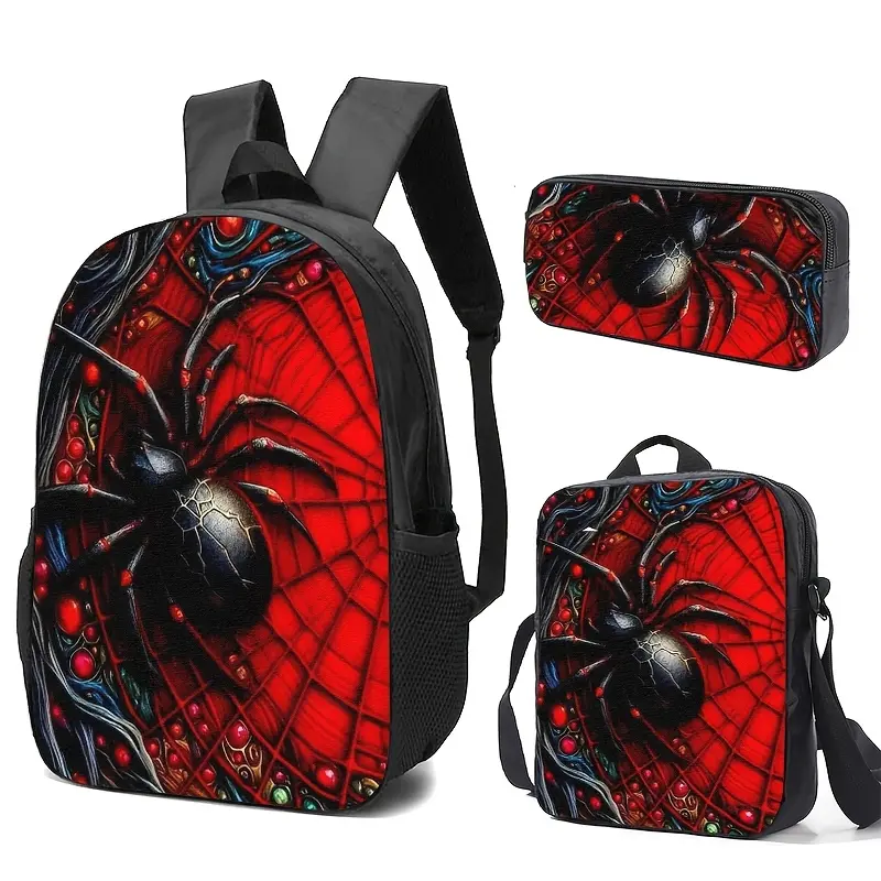 3-Piece Spider Web-Themed Backpack Set - Pencil Case, Lunch Bag, High-Def Print, Adjustable Straps, Spacious Design for Daily Use or Travel
