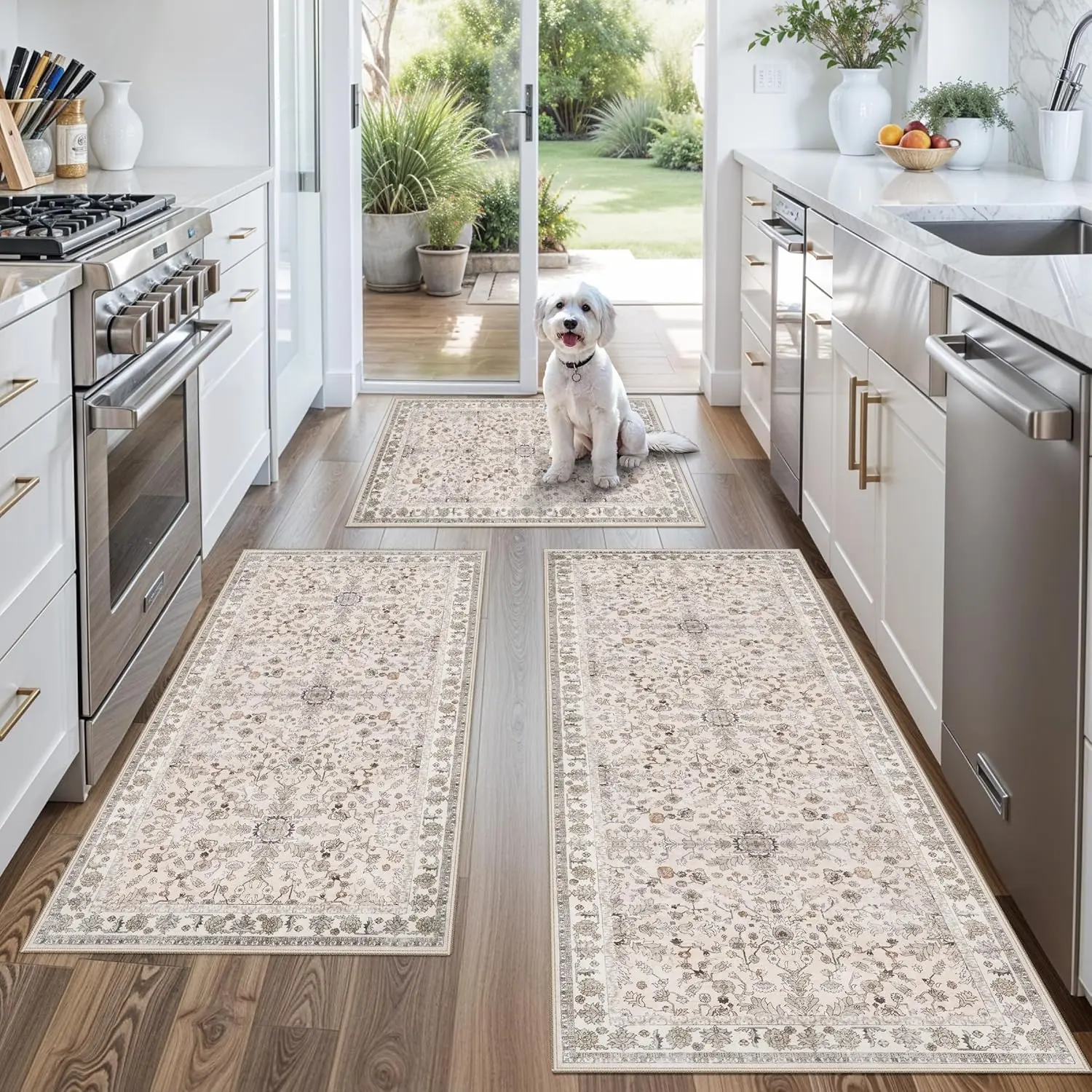 Pet-Friendly 3-Piece Beige-Brown-Floral Boho Kitchen Rug Set with Runner - Anti-Skid, Washable, Soft, 2'x3' Rectangular/2x4ft/2x5ft, Sink/Floor Decor, Mother’s Day/Housewarming Gift Option, 2' X 3' (Rectangular)