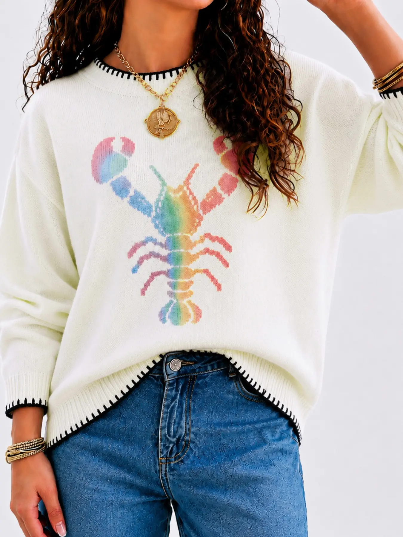 Rainbow Lobster Print Loose Knit Sweater, Contrast Stitching Round Neck Pullover, Stylish and Comfortable Knitted Top for Daily Wear