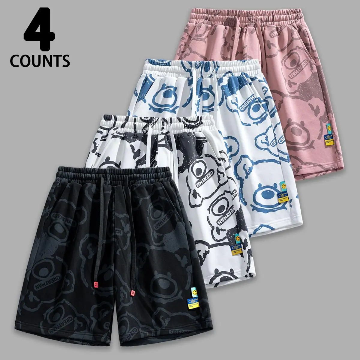 Men's 4-Pack Graphic Cartoon Bear Graffiti Print Baggy Wide Leg Drawstring Sweat Shorts - Oversized Loose Knee-Length, Elastic Waist, Deep Side Pockets, Soft Breathable for Summer Workout, Beach (Pair with Tank Tops, Sneakers), Athletic, Menswear