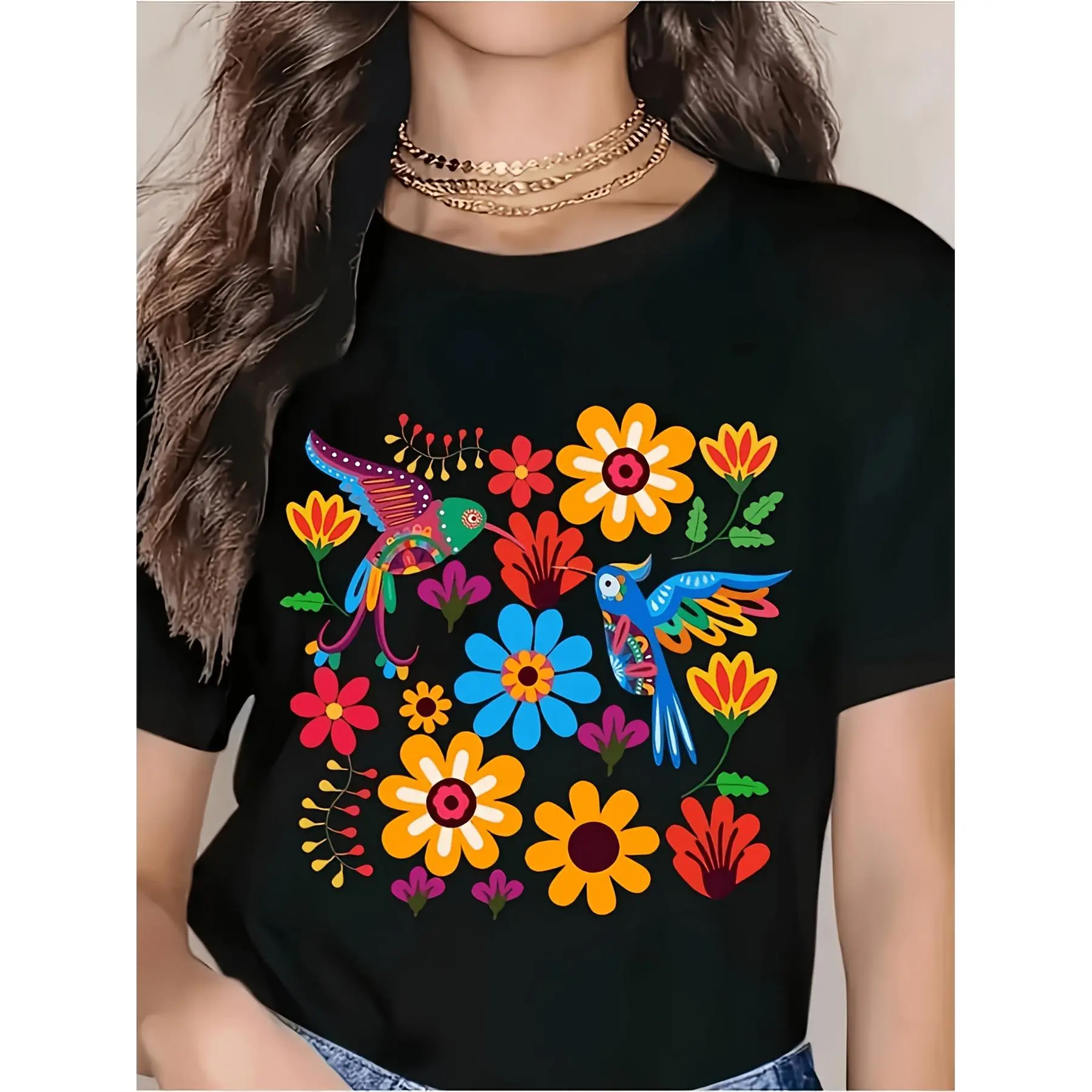 Unisex'S Unisex Mexican Folk Art Boho T-Shirt Colorful Embroidered Mexican Floral Birds on Black Shirt Soft Breathable Lightweight Casual Top for Festival Vacation Casual Attire Tradit