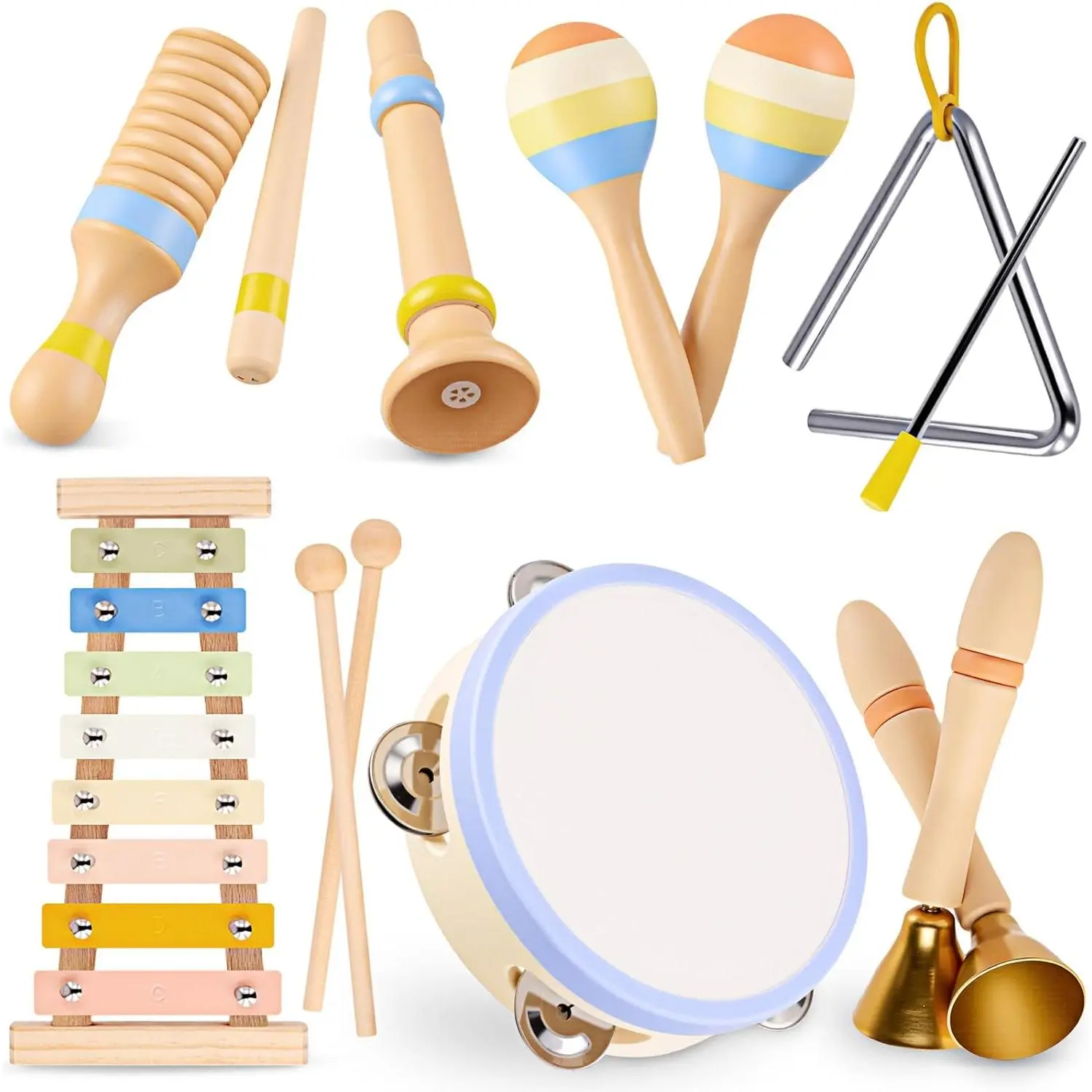 Montessori Wooden Baby Musical Instruments Set - BPA-Free, CPC/ASTM Compliant, Includes Xylophone, Tambourine, Triangle, Maracas, Clarinet, for 0-3 Years Toddlers, Early Music Play, Auditory Recognition Educational Toy, Birthday Gift, 12 - 18 Months