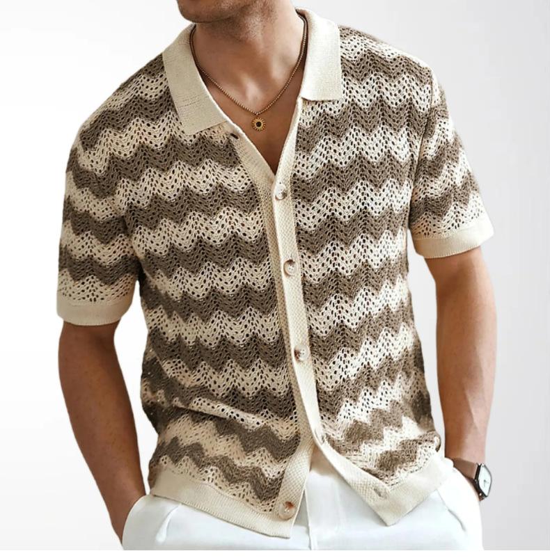 Men's Vintage Hong Kong Style Wave Pattern Hollow Knit Shirt with Turn-down Collar, Summer Short Sleeve Casual Polo Shirt