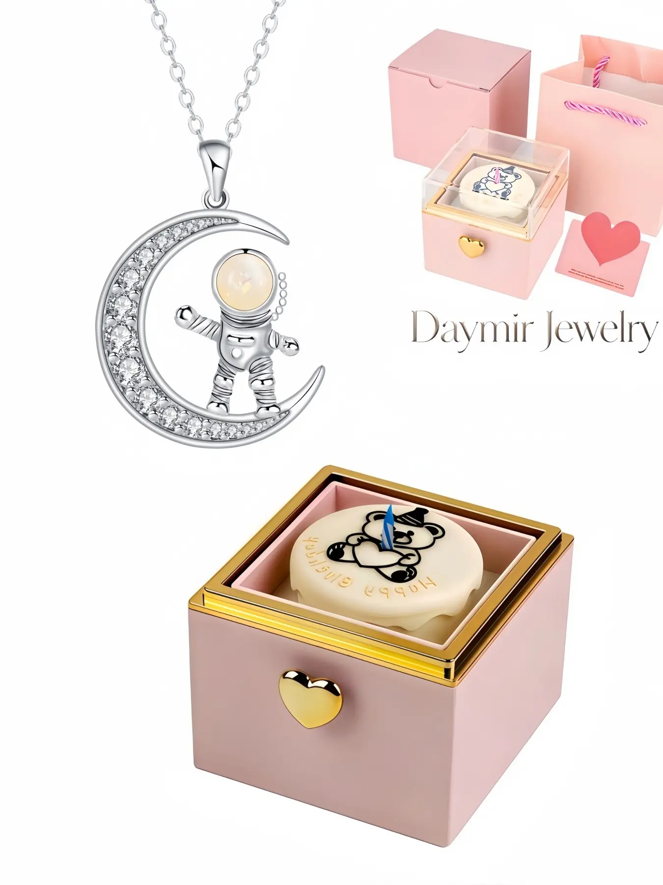 Creative astronaut‑moon opal clavicle chain with fade‑proof finish. This unique space‑style necklace comes with magical birthday bear jewelry box, nice keepsake for birthdays, Christmas and anniversary surprises.