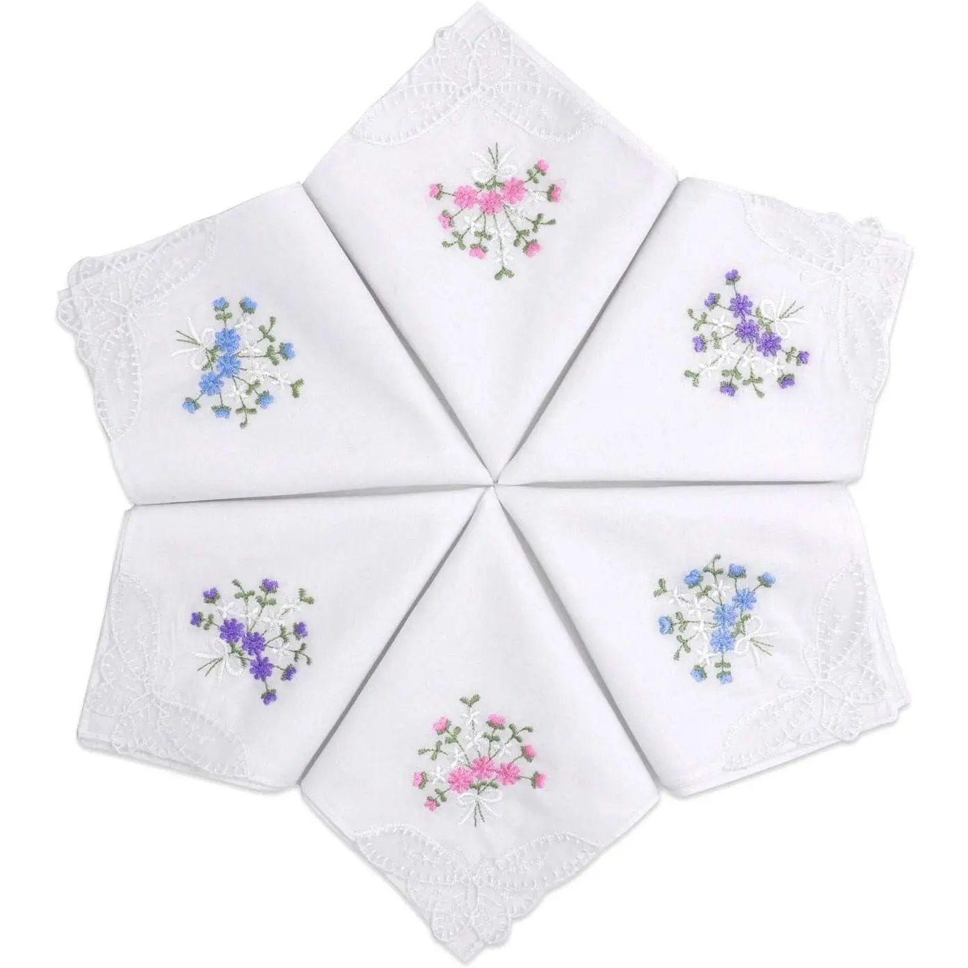 Selected Hanky Women's Cotton Handkerchiefs Flower Embroidered with Lace, Ladies Hankies 6 Pcs - Assorted