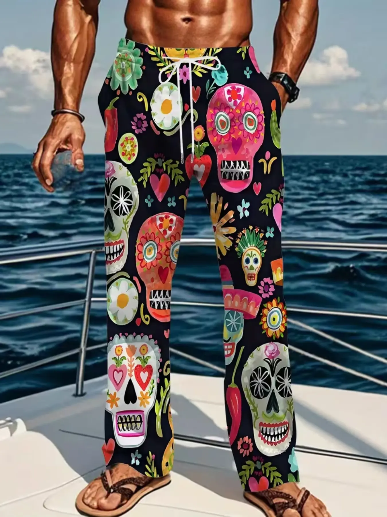 Men's Mexican Sugar Skull Floral Print Wide Leg Pants, Drawstring Loose Beach Long Trousers, Colorful Chili Print Day of the Dead