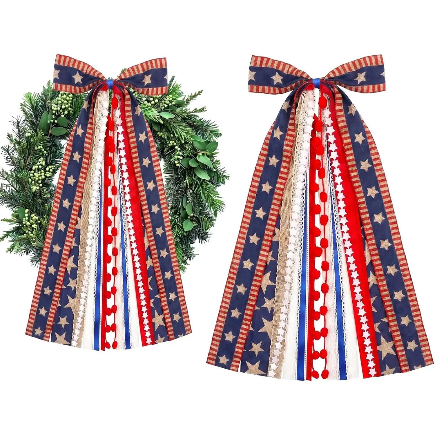 Large Patriotic  Ribbon Bow for Wreath, Red White Buffalo  Fabric Ribbons Set  Lace Ribbon 4th of July Clip- Wreath Sash Ribbons Bundle for Patriotic Indoor Outdoor Decor
