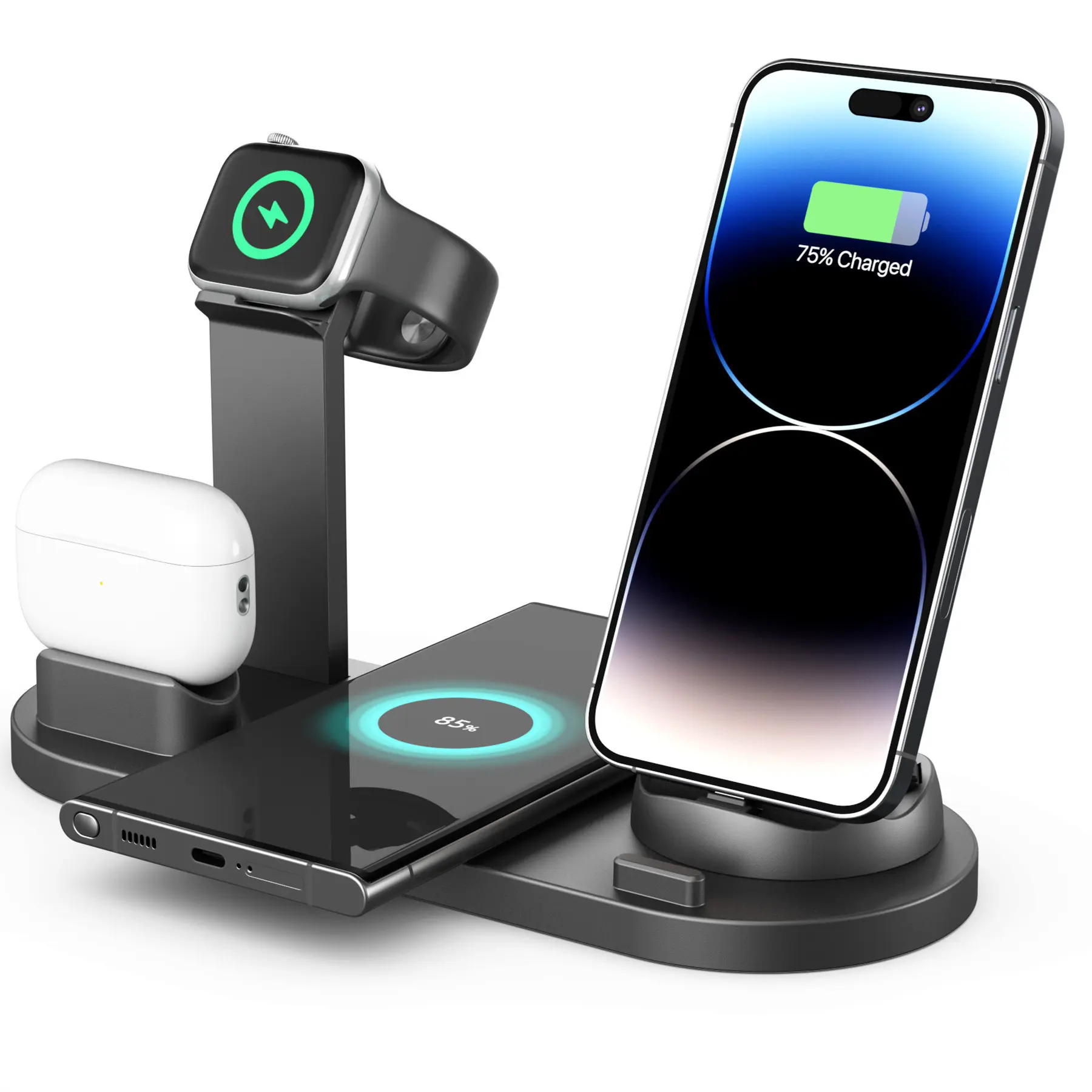 7-in-1 Wireless Charger Stand, 15W Fast Charging Station for Multiple Devices, for iPhone 16/15/14/13/12/11/X/8, Apple Watch Charger Holder & AirPods Pro