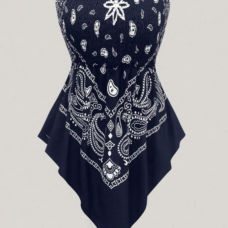 American Vintage Boho Paisley Print Halter Top, Design Sensible Scarf Hem Waist Cinch Sleeveless Wrap Top, Summer Beach Party, Beachwear, Beach Tank, Beachy Tops