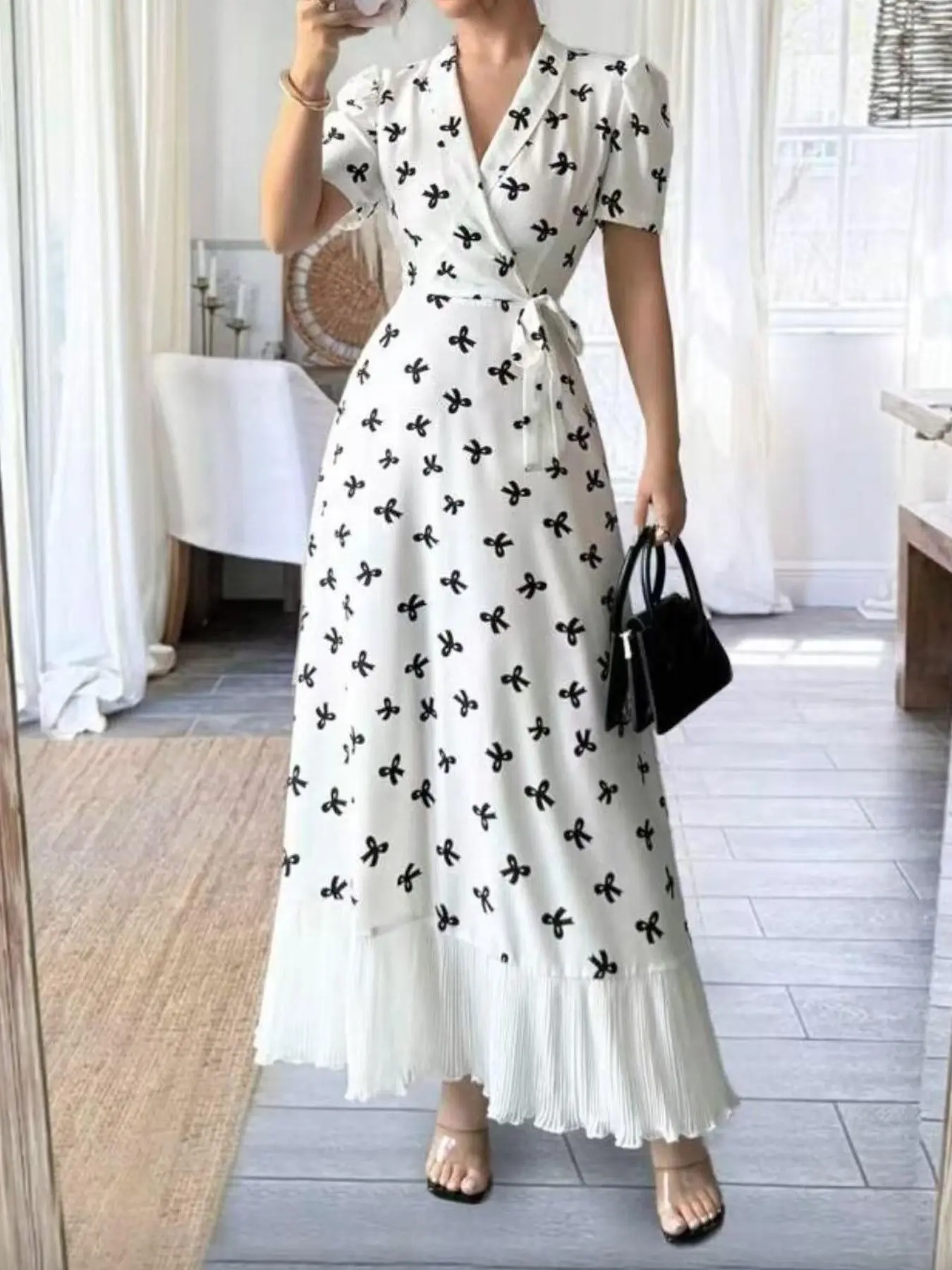 Women's Fashion Casual Chiffon Patchwork Print Elegant Dress, Stylish and Comfortable, Perfect for Daily Wear and Special Occasions, Chic Belt, Sundress