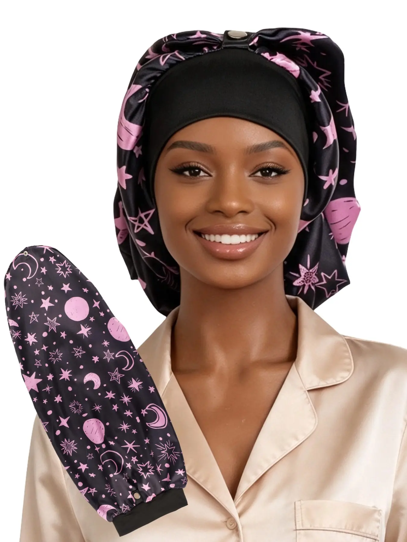 Star And Moon Pattern Long Hair Braid Sleep Cap for Women, Satin Soft Comfortable Braid Sleep Hat, Lightweight Night Headwear, Protects Braided Style