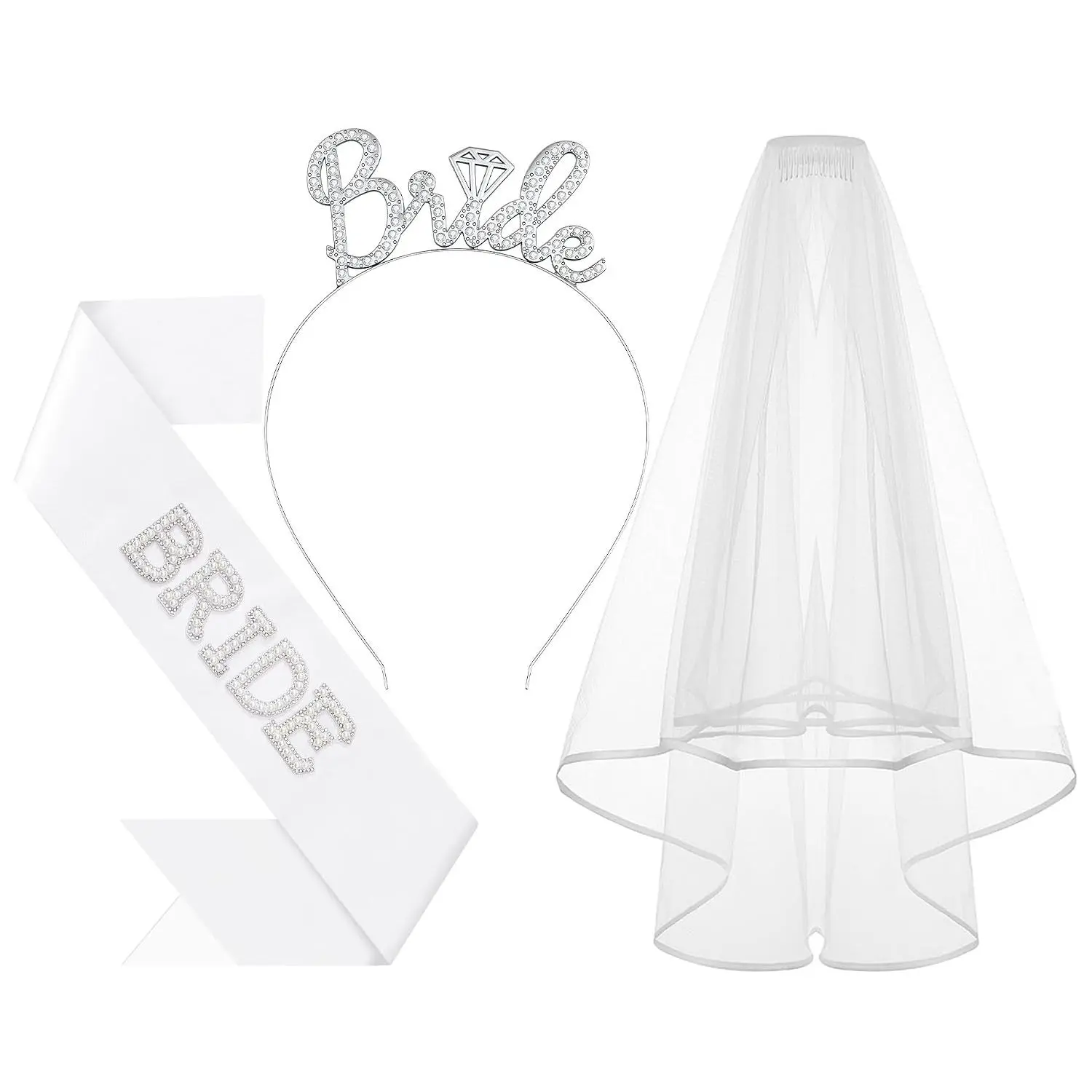 Glamorous Contoured Bride-to-Be Headband Set Pack (3 Count) with Adjustable Sash and Veil for Bachelorette Party, Bridal Shower Favors, Wedding Decorations & Fashion Accessories