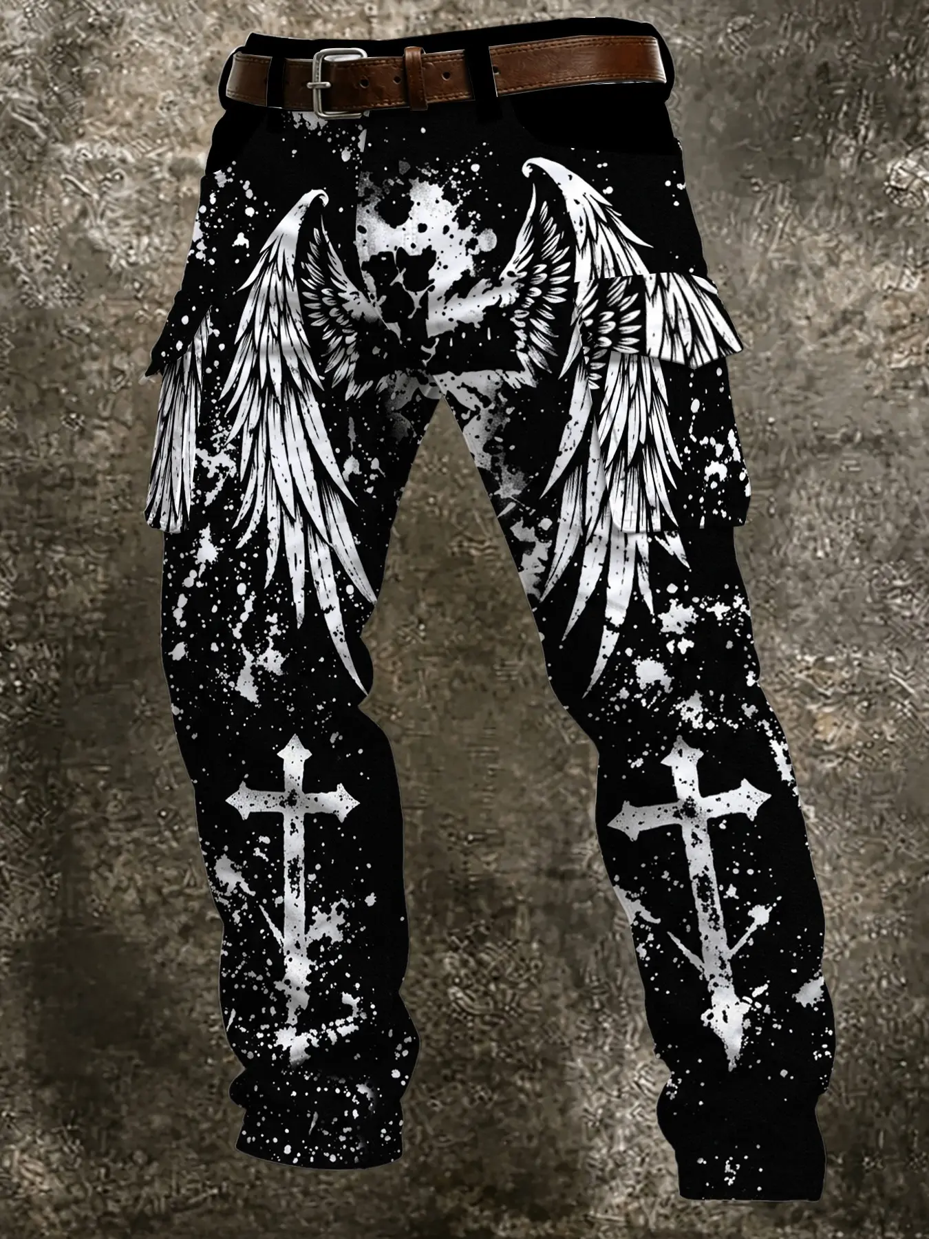 Dark Base Splatter Cross Wing Print Work Pants, Subculture Vintage Distressed Loose Trendy Ankle Men's Pants, Casual Slim-Fit Long Pants