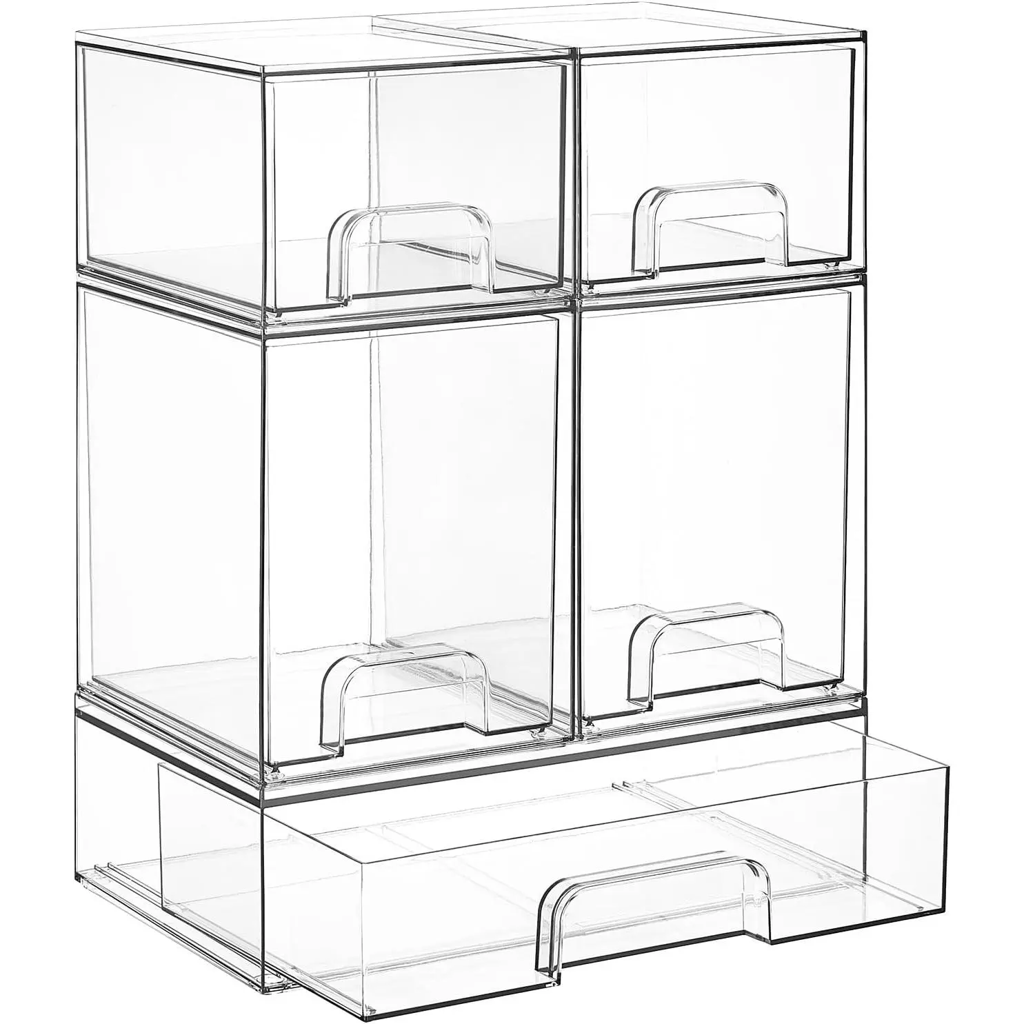 Stackable Clear Plastic Storage Drawers Set of 5 for Baby Bottles and Beauty Supplies, Kitchen Countertop, Vanity, Bathroom Cabinet and Pantry Organization