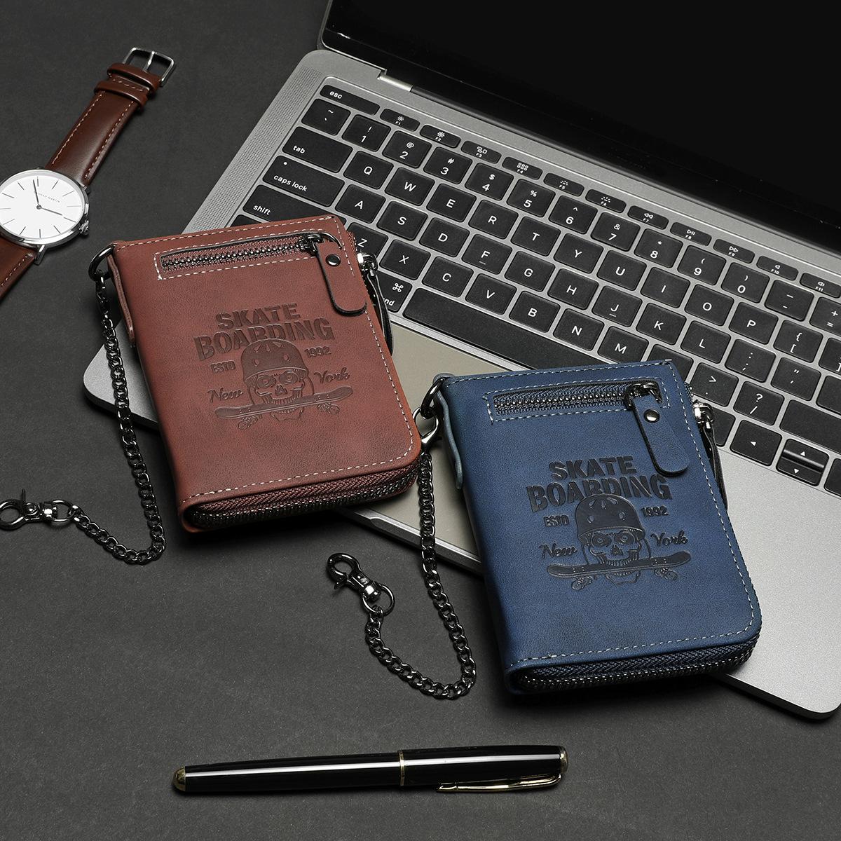 Skull Embossed Short Zip Wallet for Men Bifold PU Leather Card Holder with Multiple Slots Rock Style Money Clip for Credit Cards & Cash Everyday Essential