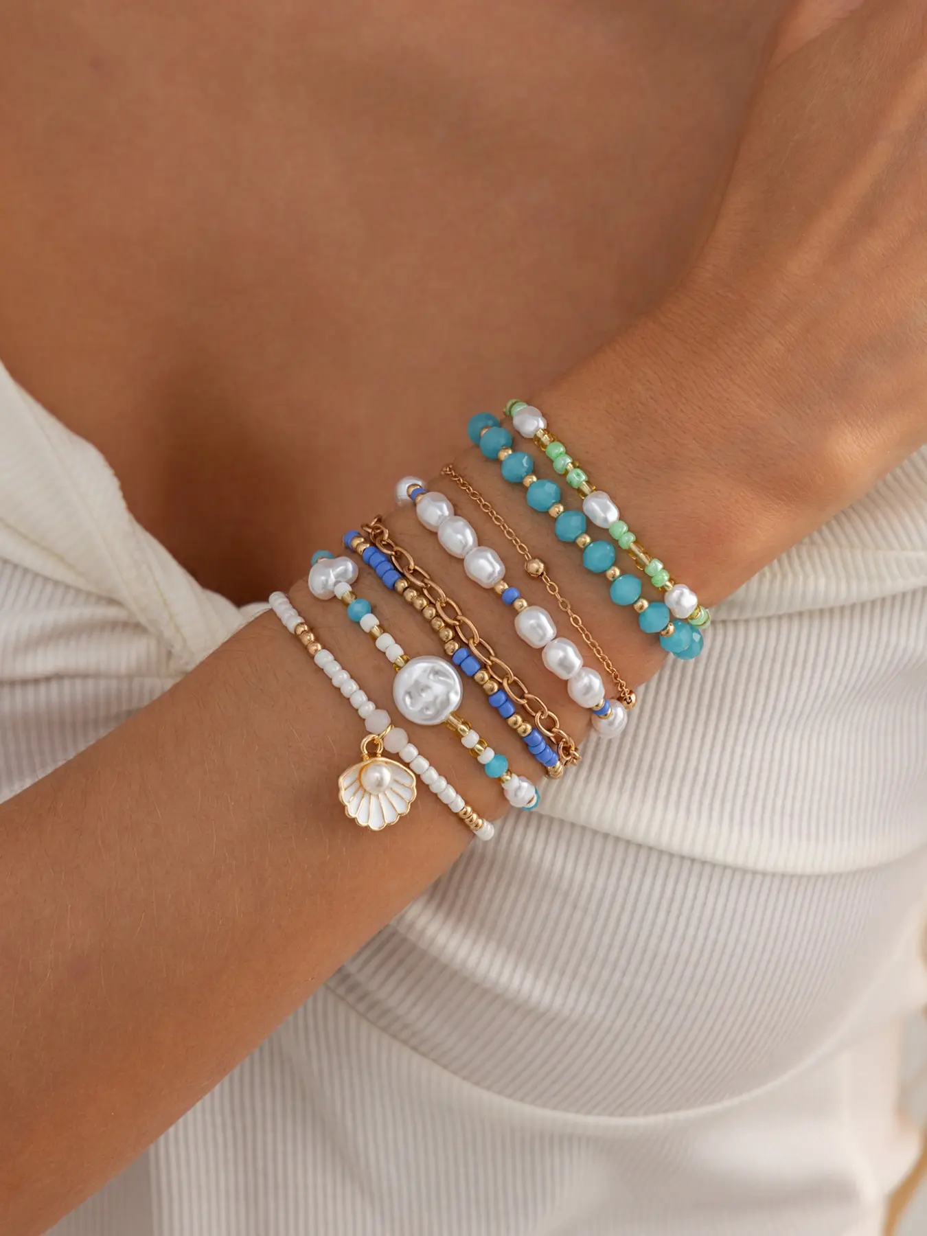 8-Piece Boho Multi-Layer Beaded Bracelet Set, Shell Faux Pearl Blue Block Stackable Wristbands, Spring Summer Beach Vacation Style