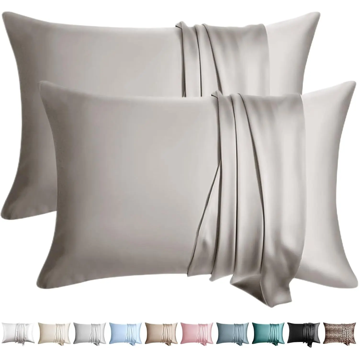 100% Silk Pillow Cases 2 Pack Queen Size Mulberry Silk Pillowcase for Hair and Skin Set of 2 Highest Grade 6A Silk Soft Breathable Cooling with Hidden Zipper, Grey