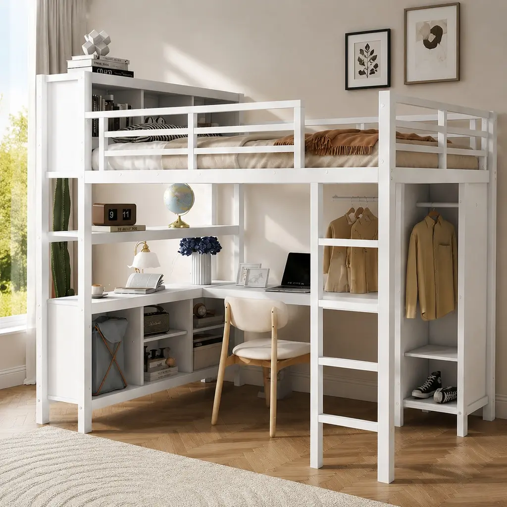 Full Size Metal Loft Bed with L-Shaped Desk, Wardrobe, Storage Cubes and Shelves, Heavy Duty Space-Saving Frame for Kids Teens Adults, White MDF and Metal, 300 lbs Capacity