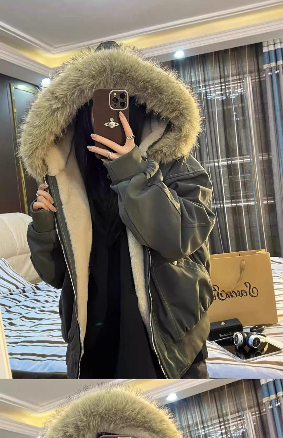 American Street Fur Collar Zipper Hooded Jacket Women Autumn Winter Retro New Velvet Thickened Warm Fashion Loose Casual Jacket