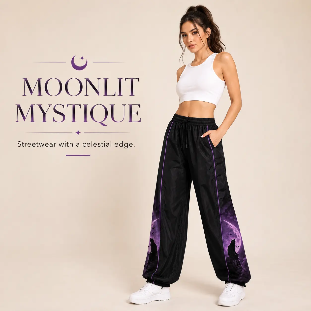 Women's Y2K Parachute Pants Baggy Wide Leg Graphic Joggers for Women, Black Moon Cat Print Streetwear Trousers, Elastic Drawstring Waist Loose Fit Harajuku Goth Punk CargoPants, Lightweight Casual Dance Lounge Travel Outfit for Teen Girls, Daily Wear