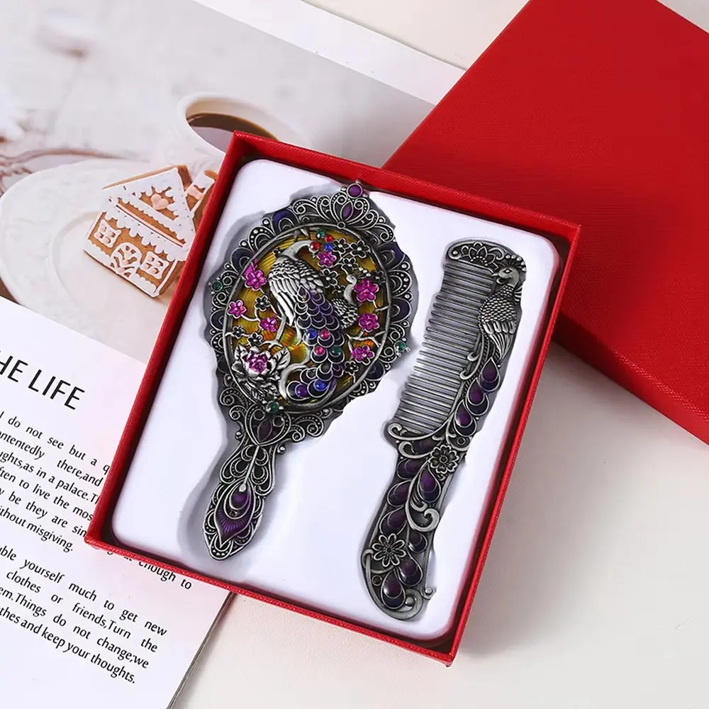Vintage Peacock Rhinestone Design Elegance Mirror Comb Set, Floral Handheld Makeup Mirror, Fine-Tooth Hair Brush, Perfect Gift for Holidays