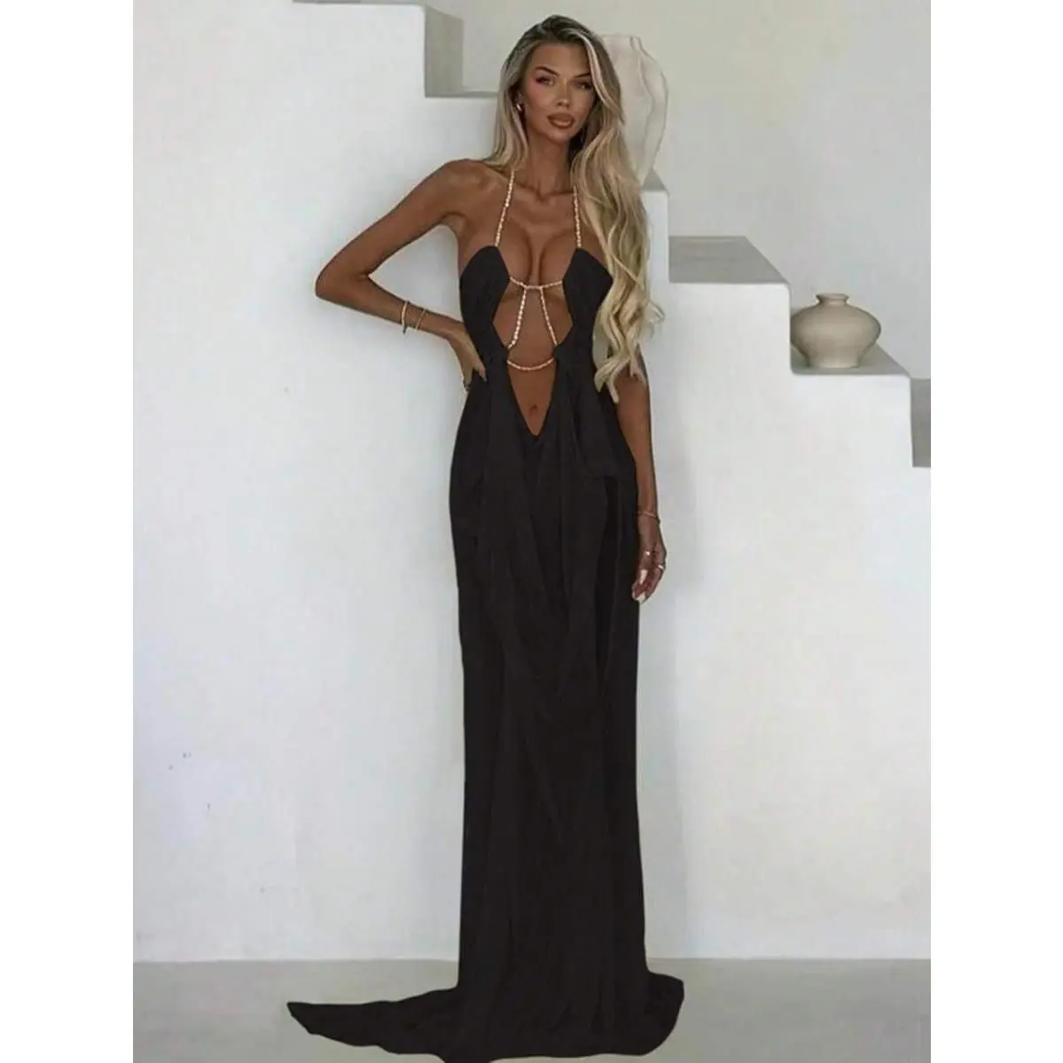 Women's Triangle Halter Rhinestone Maxi Dress - Sleeveless, Strappy Detail, Sheer Mesh Cutouts, High Slit, Fitted, Ultra-Soft Breathable Fabric, Silver, Fairy Vibe Piece for Bachelorette, Pool, Tropical Festival Parties
